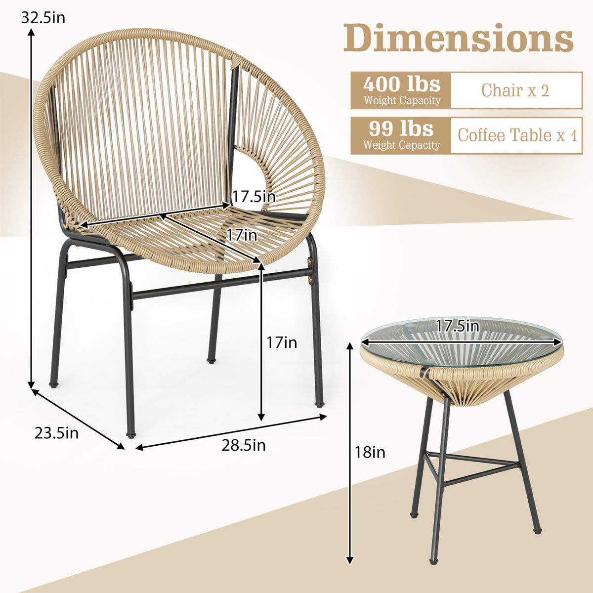 3 Pieces Patio Acapulco Furniture Bistro Set with Glass Table-Brown-Patio Conversation Sets-DECOROLALA
