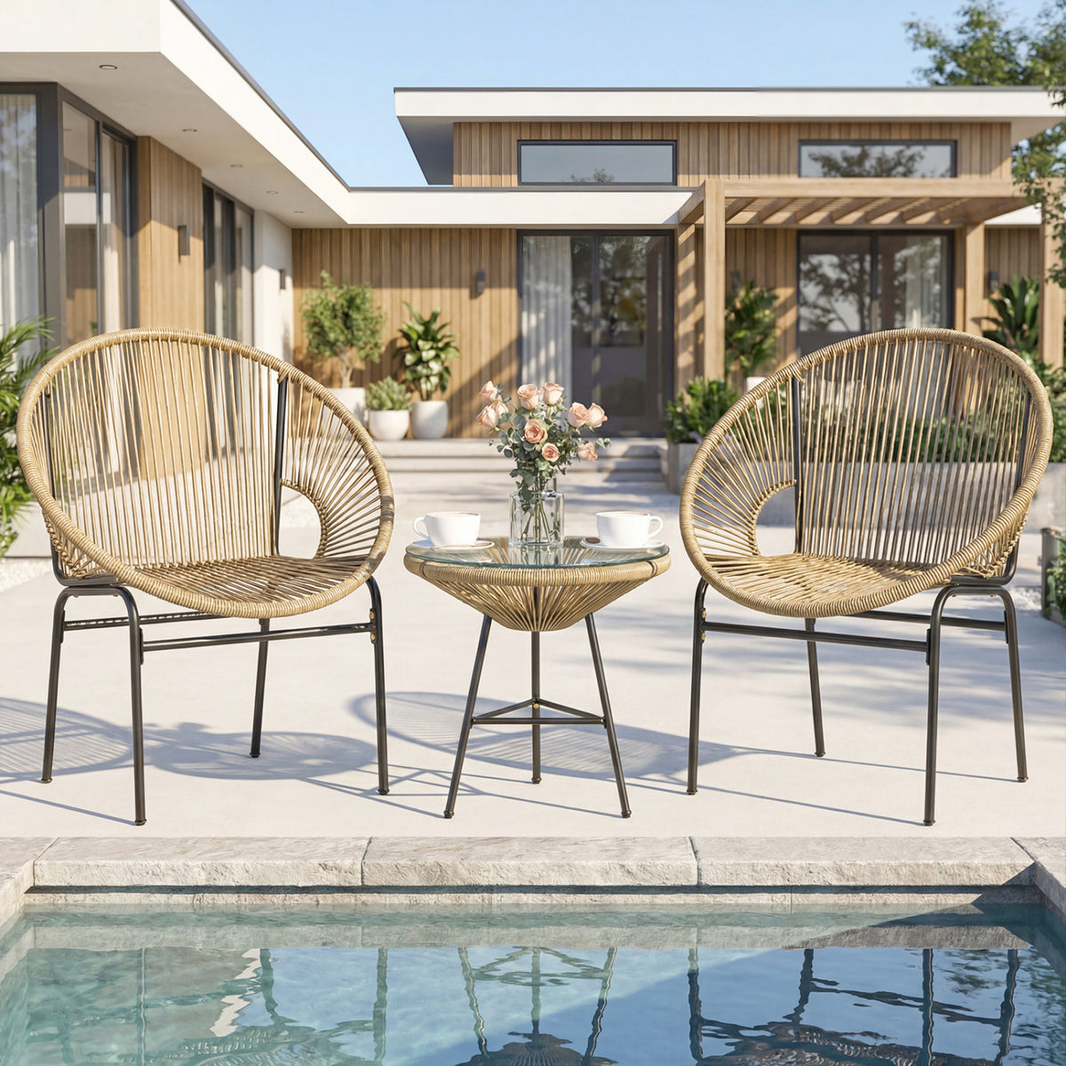 3 Pieces Patio Acapulco Furniture Bistro Set with Glass Table-Brown-Patio Conversation Sets-DECOROLALA