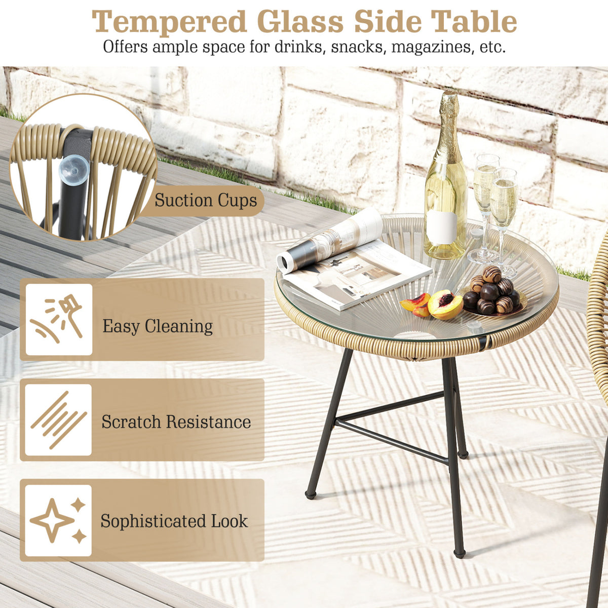 3 Pieces Patio Acapulco Furniture Bistro Set with Glass Table-Brown-Patio Conversation Sets-DECOROLALA
