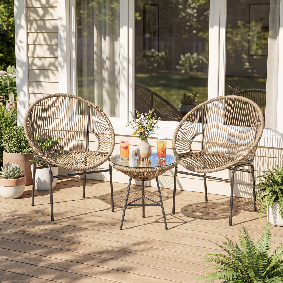 3 Pieces Patio Acapulco Furniture Bistro Set with Glass Table-Brown-Patio Conversation Sets-DECOROLALA