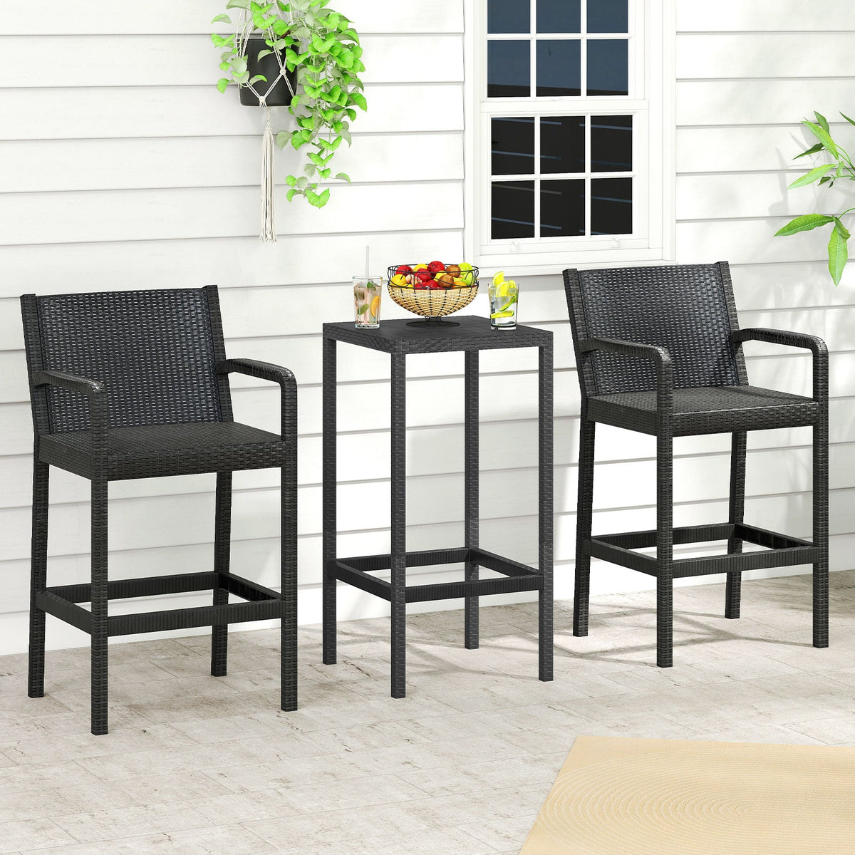 3 Pieces Patio Bar Set with 2 Stools and 1 Bar Table-Black-Outdoor Bar Furniture-DECOROLALA