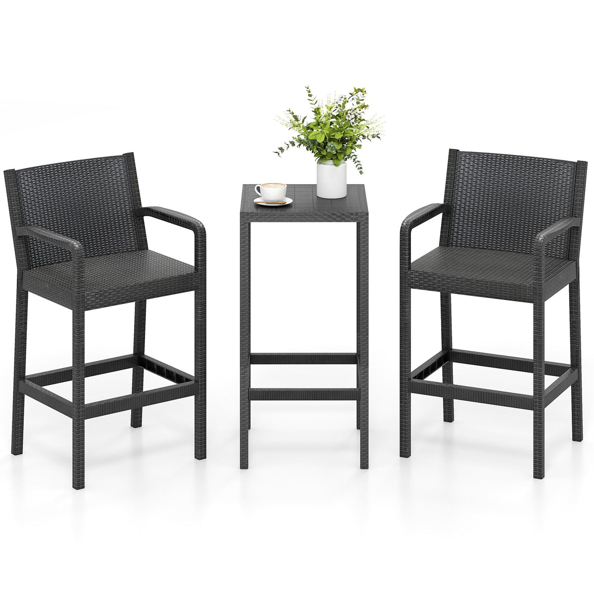 3 Pieces Patio Bar Set with 2 Stools and 1 Bar Table-Black-Outdoor Bar Furniture-DECOROLALA