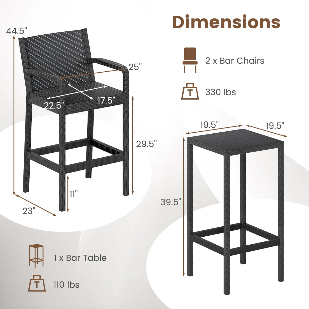 3 Pieces Patio Bar Set with 2 Stools and 1 Bar Table-Black-Outdoor Bar Furniture-DECOROLALA