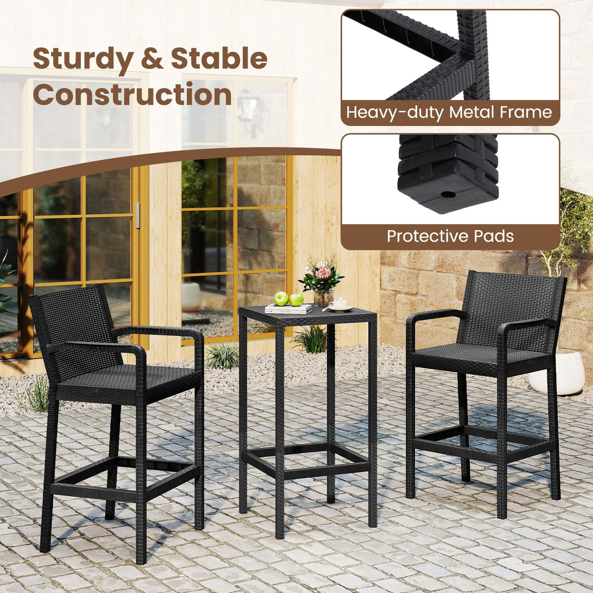 3 Pieces Patio Bar Set with 2 Stools and 1 Bar Table-Black-Outdoor Bar Furniture-DECOROLALA