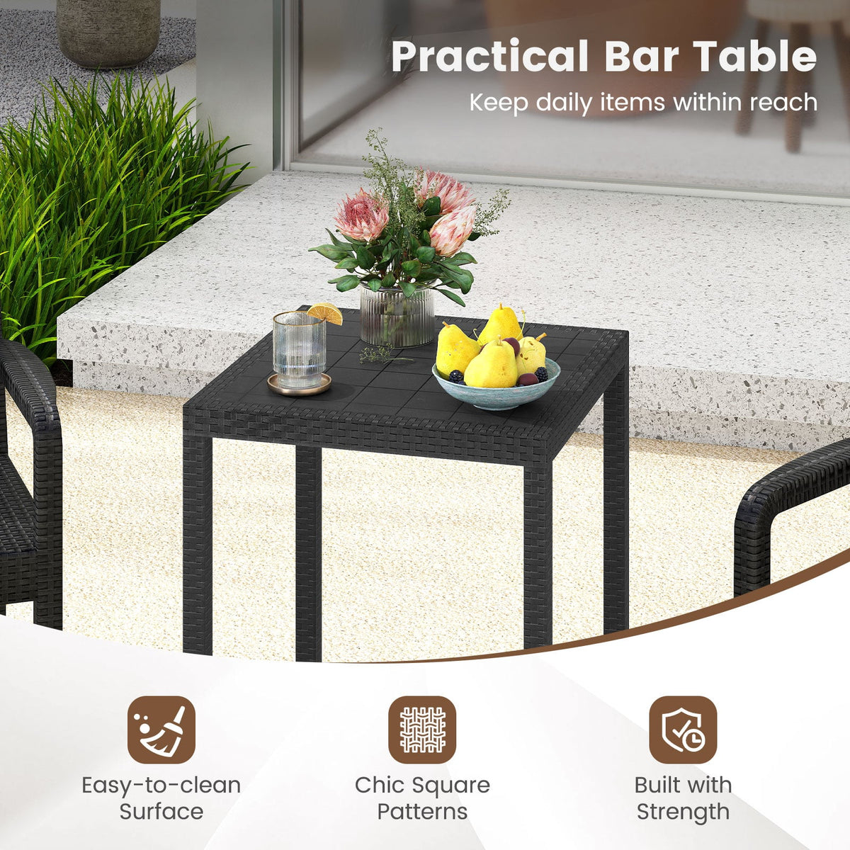 3 Pieces Patio Bar Set with 2 Stools and 1 Bar Table-Black-Outdoor Bar Furniture-DECOROLALA