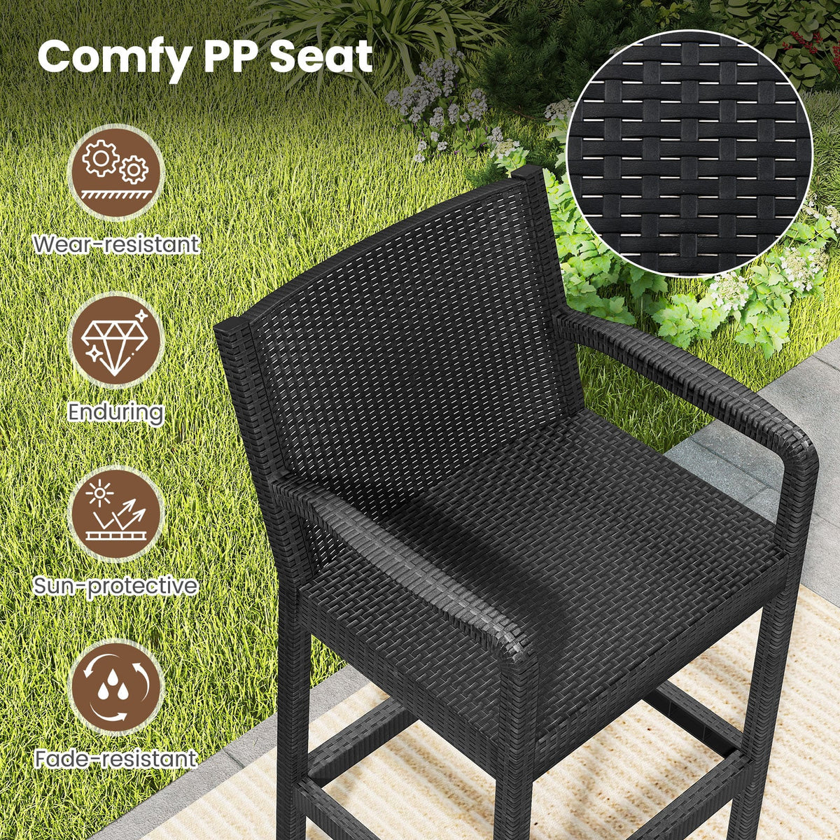 3 Pieces Patio Bar Set with 2 Stools and 1 Bar Table-Black-Outdoor Bar Furniture-DECOROLALA