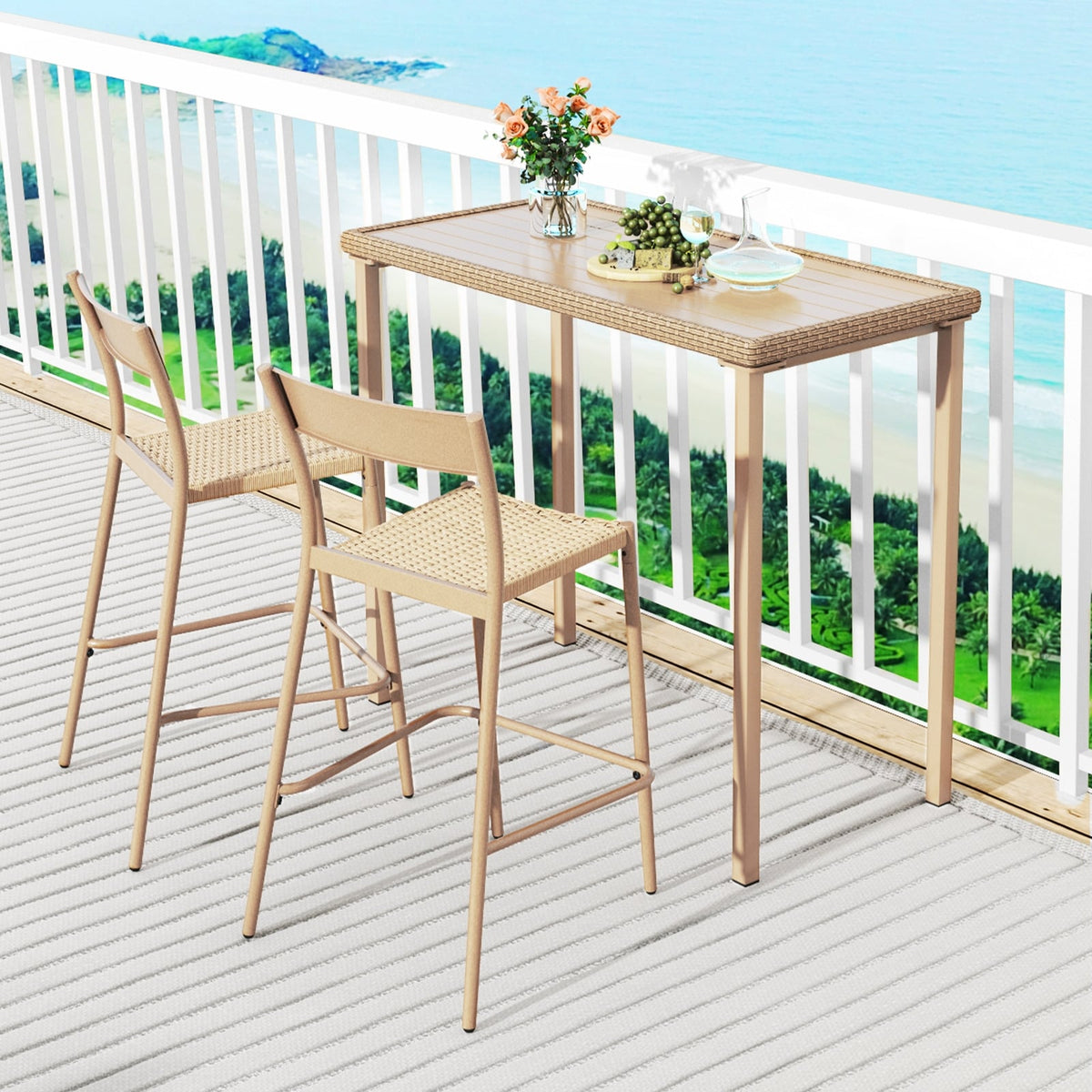 3 Pieces Patio Bar Table Set with Height Table and 2 Armless Chairs-Outdoor Bar Furniture-DECOROLALA