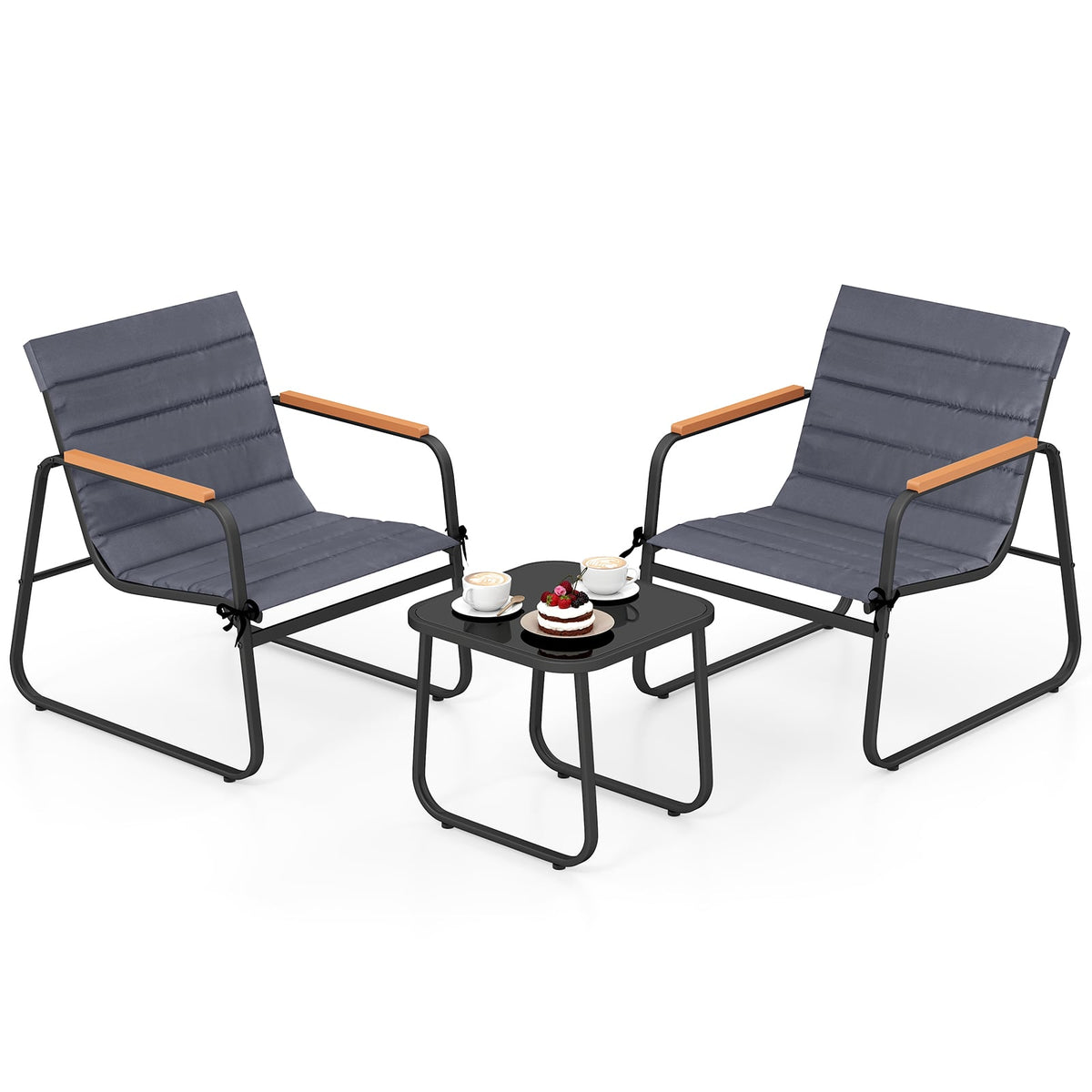 3 Pieces Patio Bistro Set Outdoor Fabric Conversation Set-Gray-Patio Conversation Sets-DECOROLALA