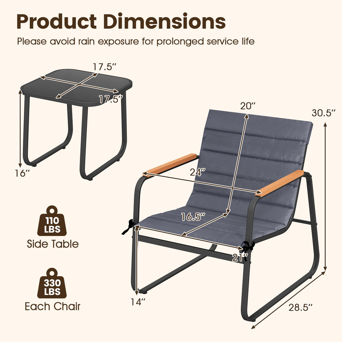 3 Pieces Patio Bistro Set Outdoor Fabric Conversation Set-Gray-Patio Conversation Sets-DECOROLALA