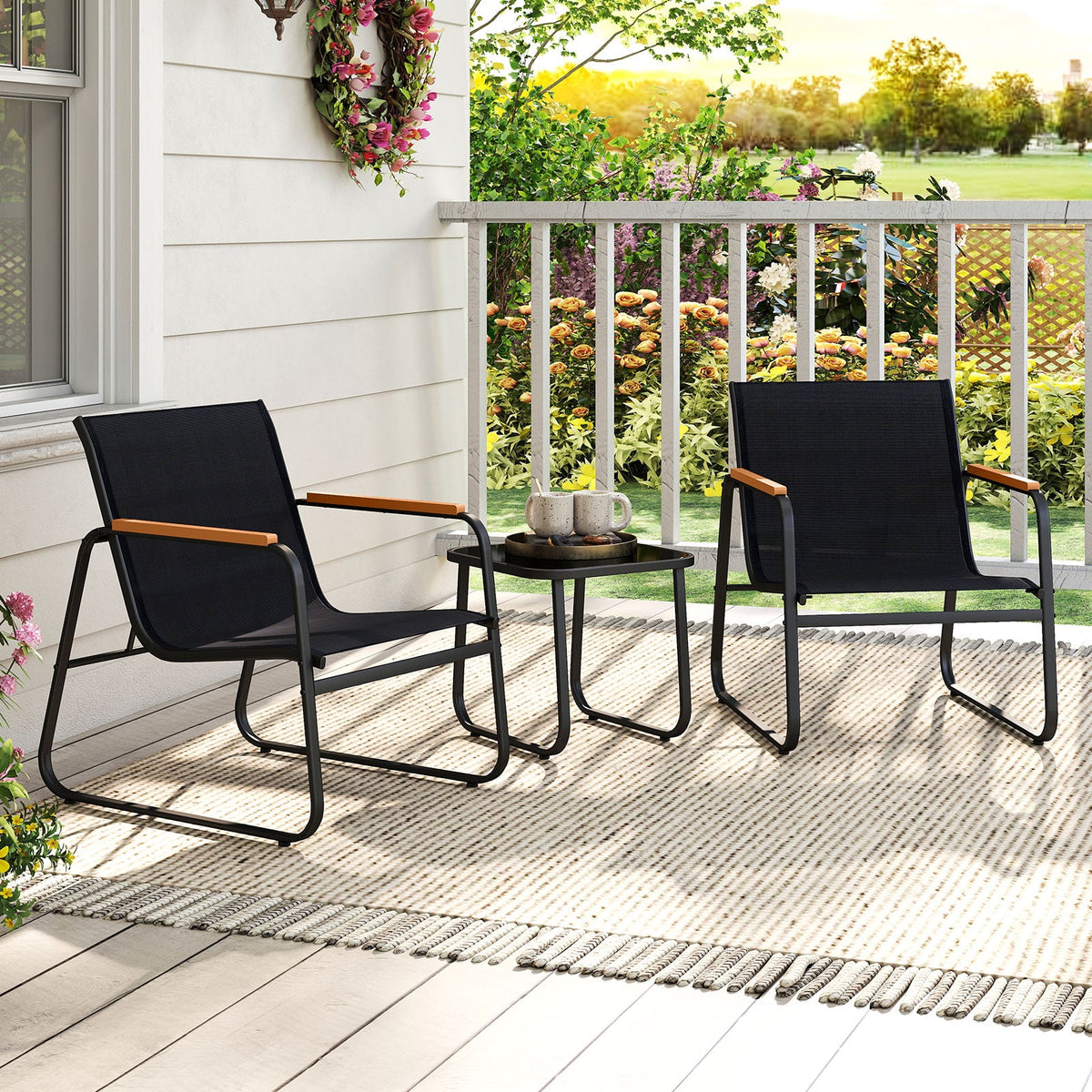 3 Pieces Patio Bistro Set Outdoor Fabric Conversation Set-Gray-Patio Conversation Sets-DECOROLALA