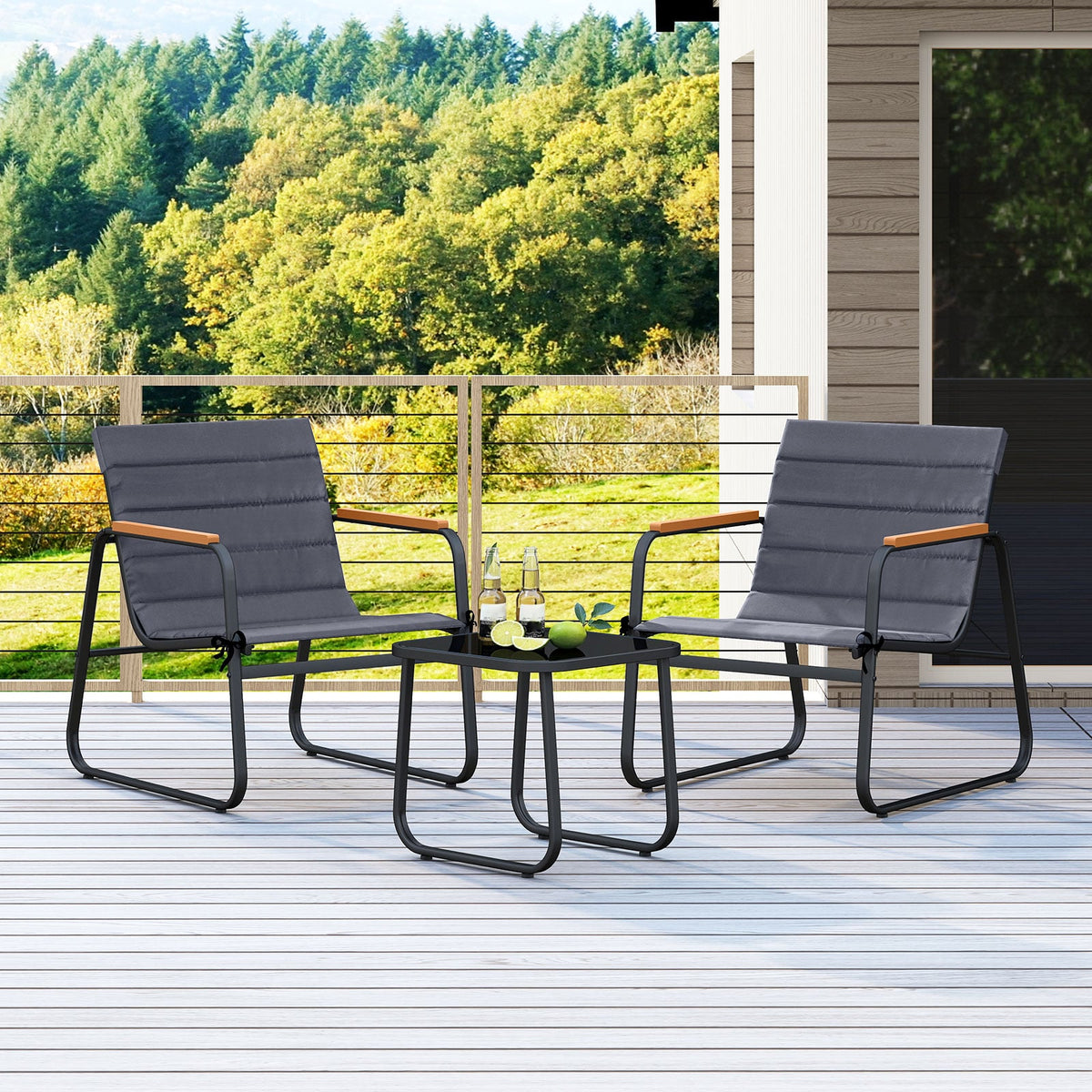3 Pieces Patio Bistro Set Outdoor Fabric Conversation Set-Gray-Patio Conversation Sets-DECOROLALA