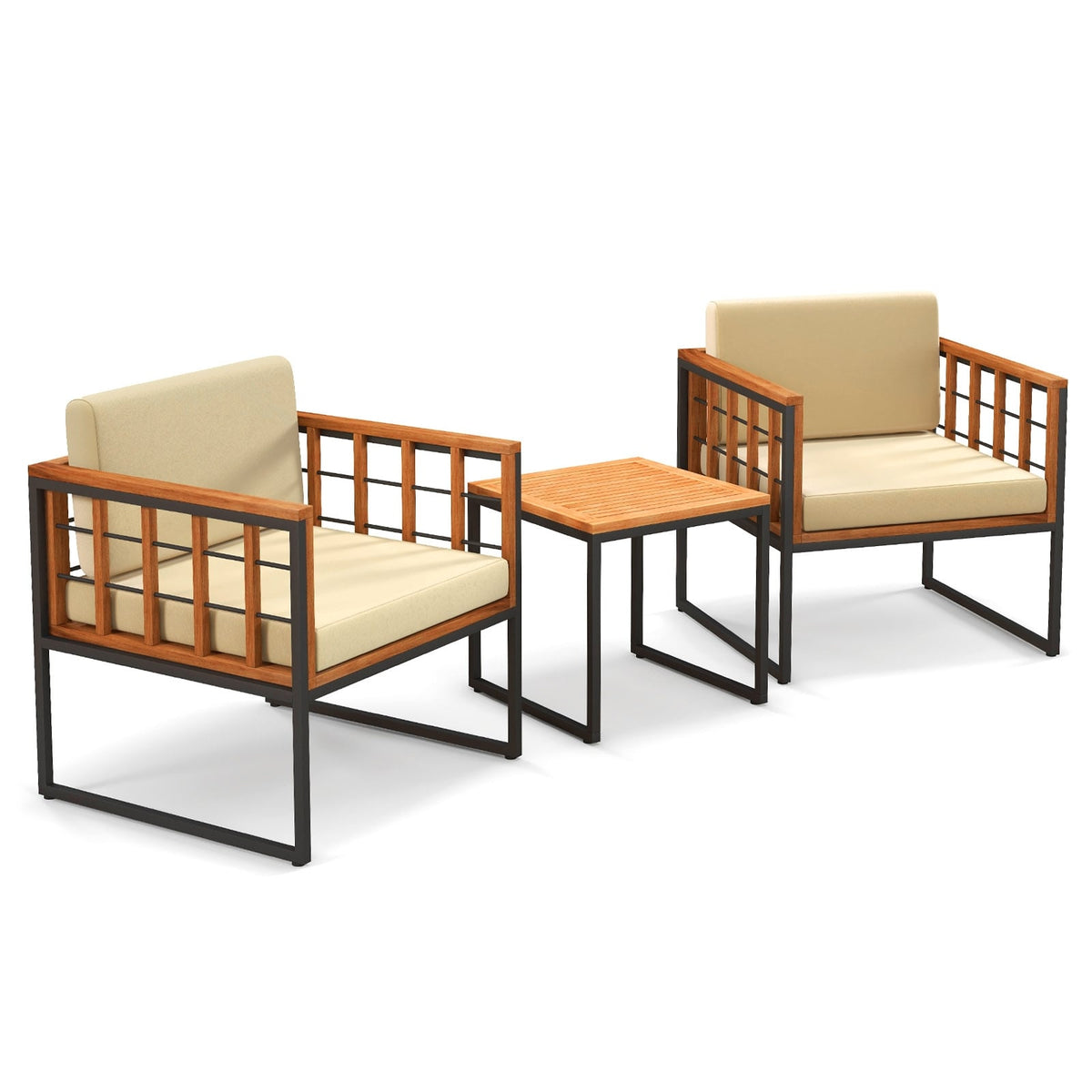 3 Pieces Patio Chair Set Acacia Wood Outdoor Sofa Set with Soft Cushions-Beige-Patio Conversation Sets-DECOROLALA