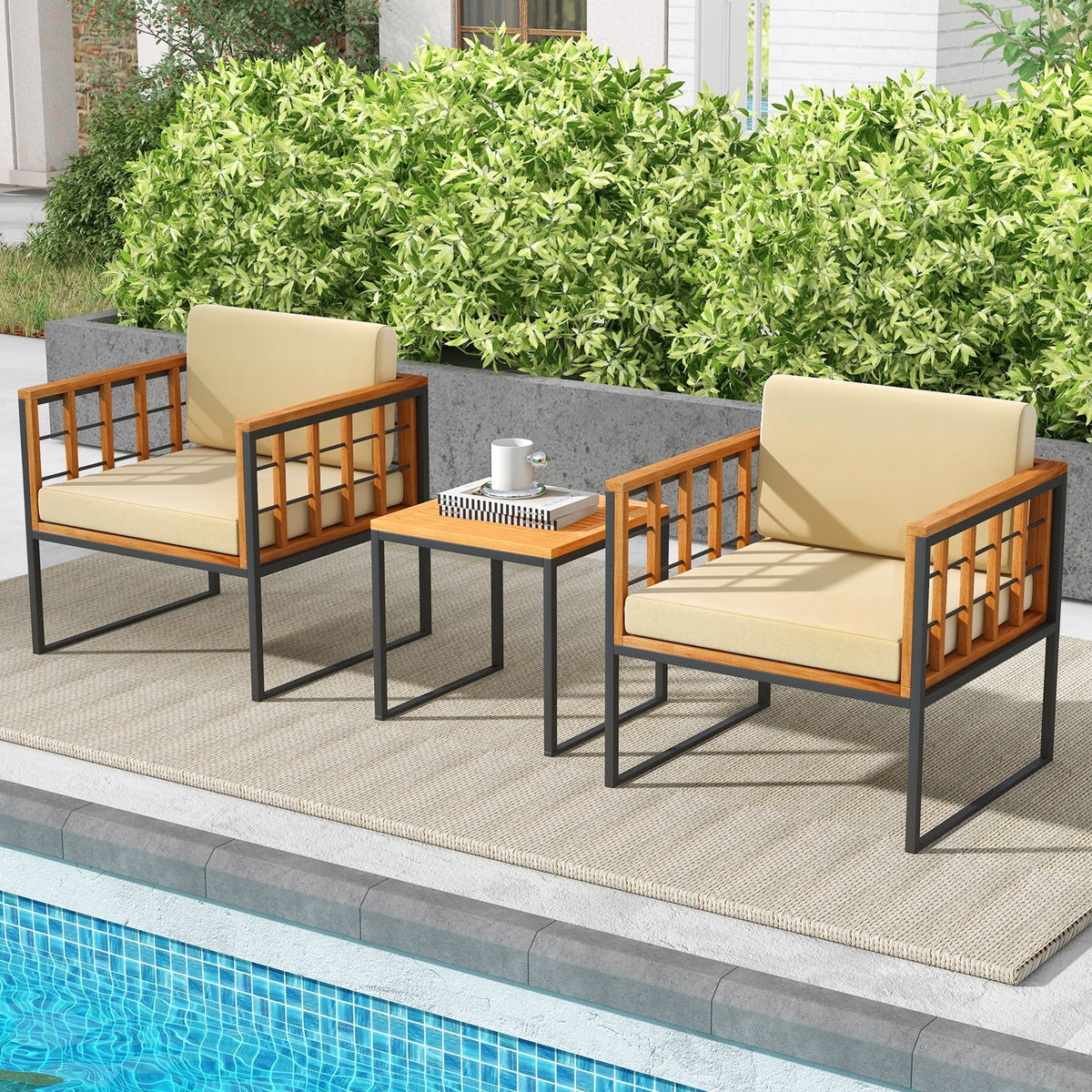 3 Pieces Patio Chair Set Acacia Wood Outdoor Sofa Set with Soft Cushions-Beige-Patio Conversation Sets-DECOROLALA