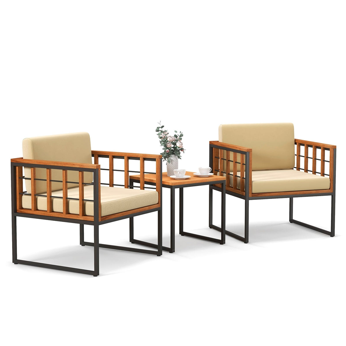 3 Pieces Patio Chair Set Acacia Wood Outdoor Sofa Set with Soft Cushions-Beige-Patio Conversation Sets-DECOROLALA