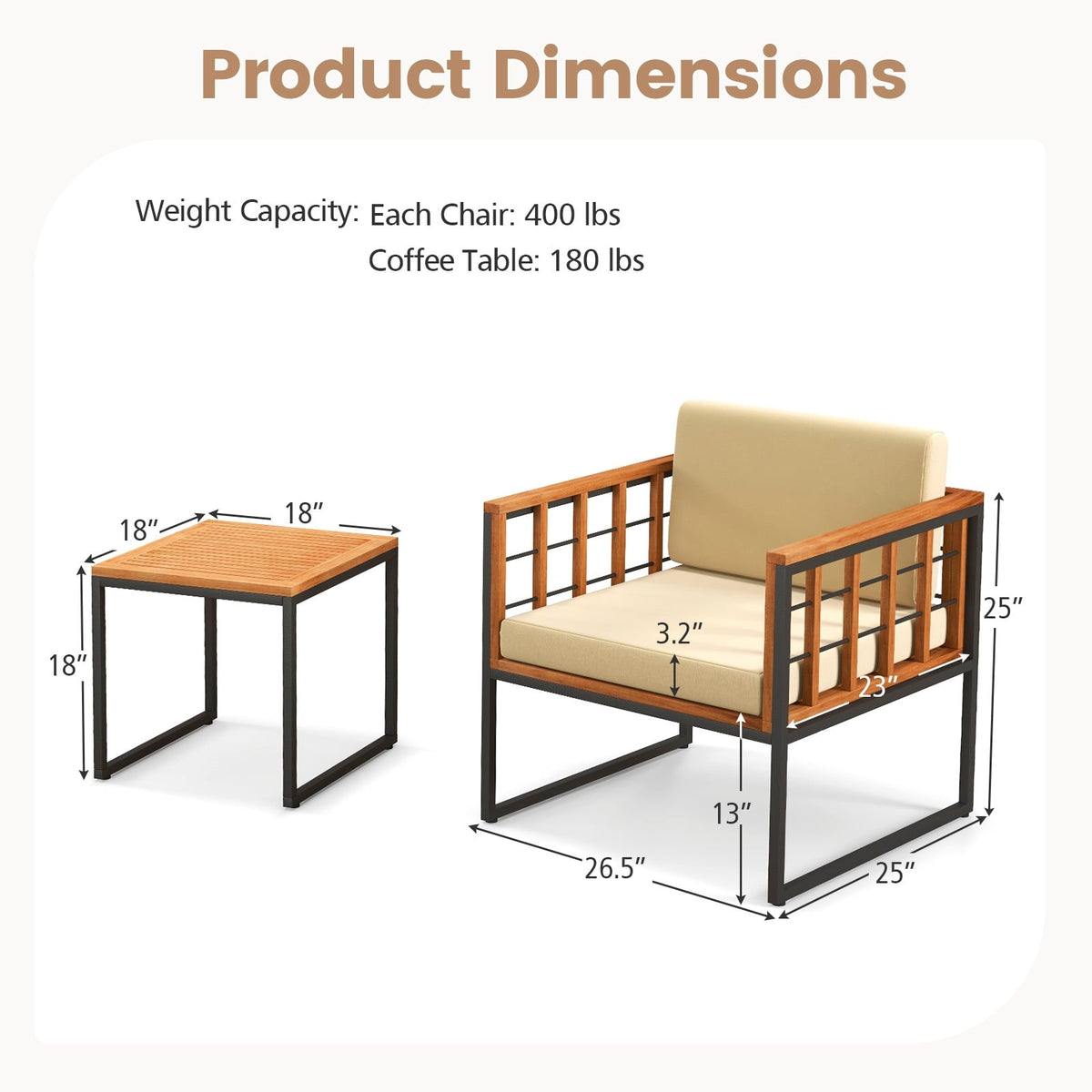 3 Pieces Patio Chair Set Acacia Wood Outdoor Sofa Set with Soft Cushions-Beige-Patio Conversation Sets-DECOROLALA