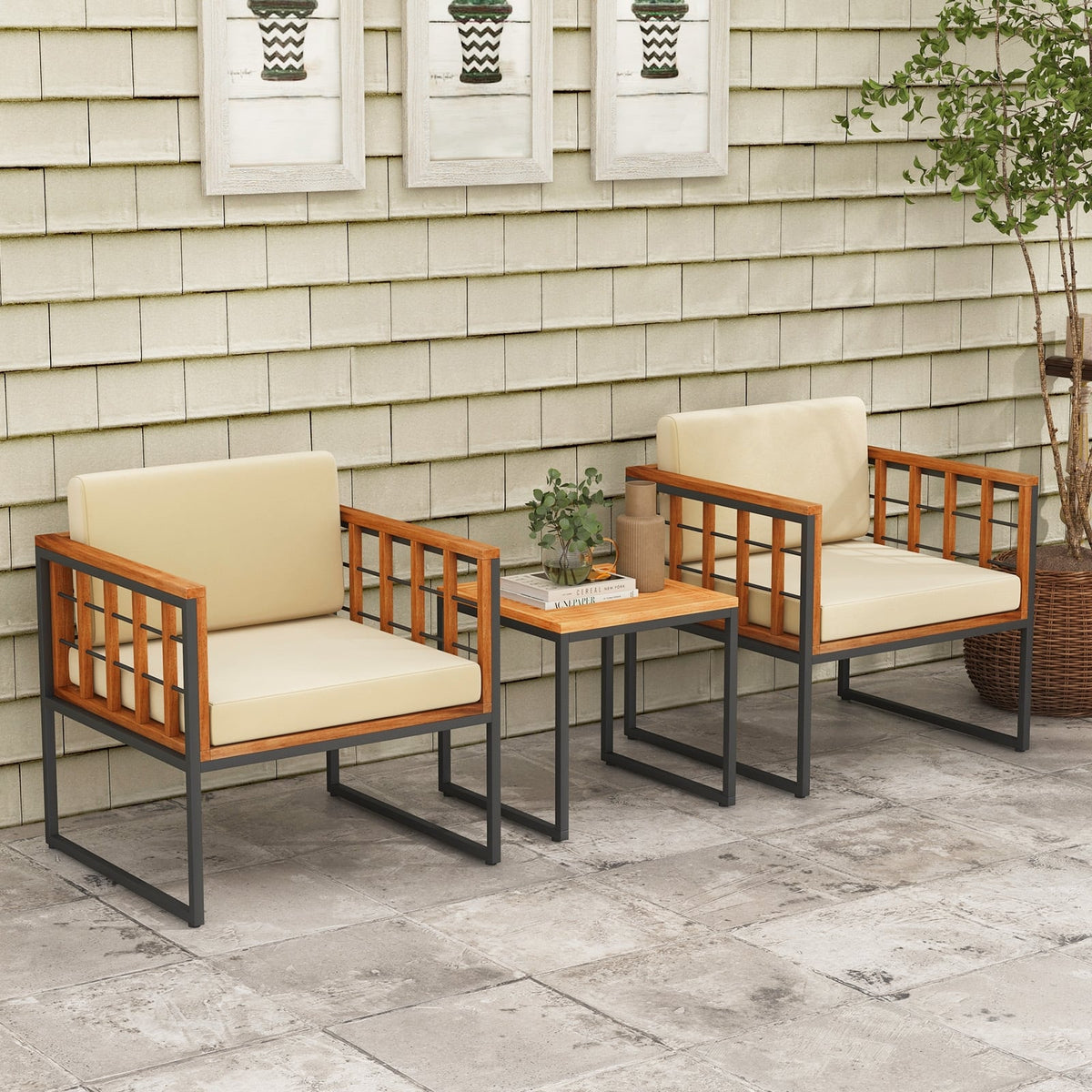 3 Pieces Patio Chair Set Acacia Wood Outdoor Sofa Set with Soft Cushions-Beige-Patio Conversation Sets-DECOROLALA