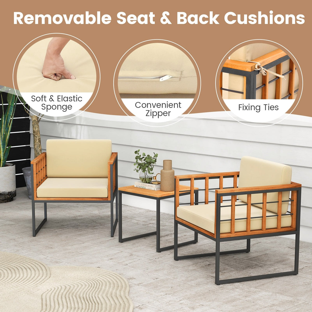 3 Pieces Patio Chair Set Acacia Wood Outdoor Sofa Set with Soft Cushions-Beige-Patio Conversation Sets-DECOROLALA
