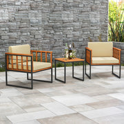 3 Pieces Patio Chair Set Acacia Wood Outdoor Sofa Set with Soft Cushions-Beige-Patio Conversation Sets-DECOROLALA