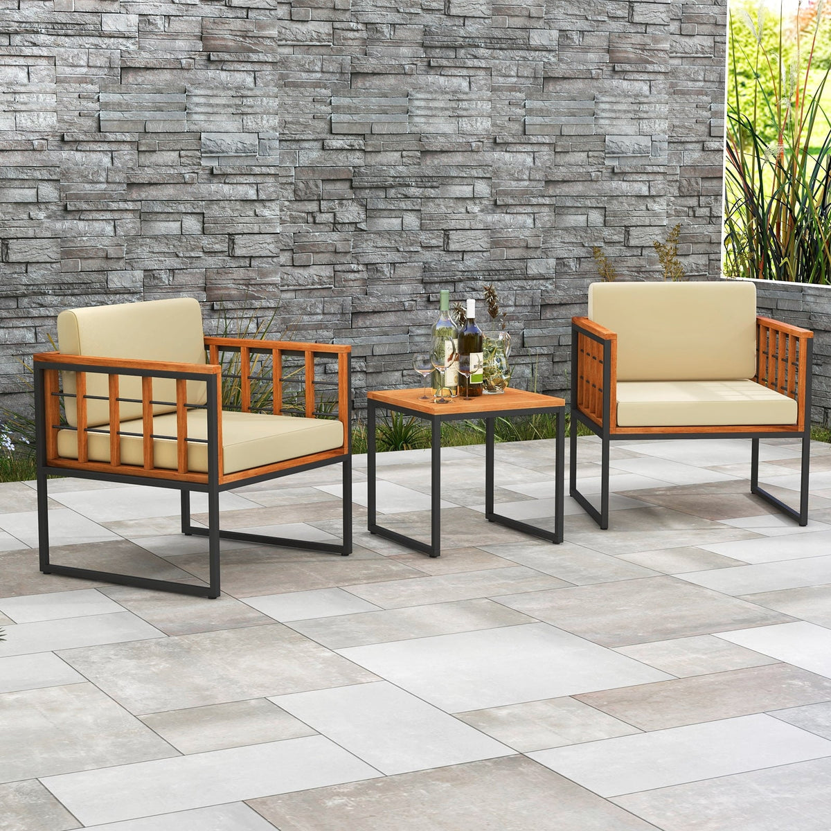 3 Pieces Patio Chair Set Acacia Wood Outdoor Sofa Set with Soft Cushions-Beige-Patio Conversation Sets-DECOROLALA