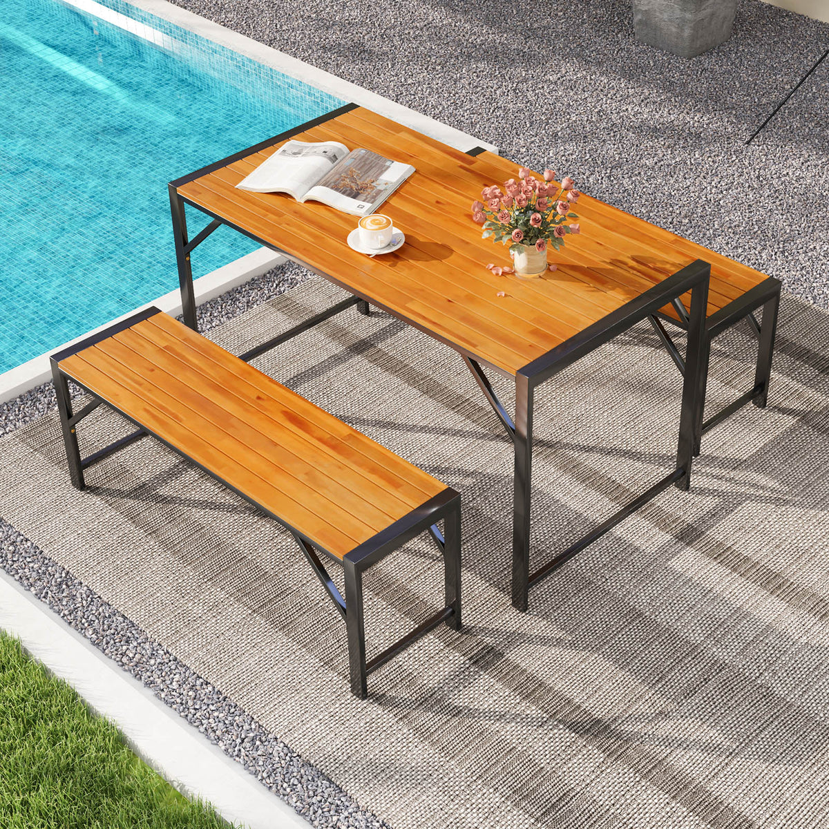 3 Pieces Patio Dining Set with Acacia Wood Dining Table and 2 Benches-Picnic Tables-DECOROLALA