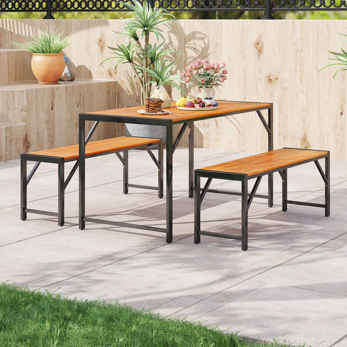 3 Pieces Patio Dining Set with Acacia Wood Dining Table and 2 Benches-Picnic Tables-DECOROLALA