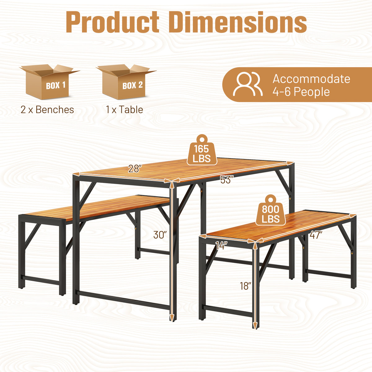 3 Pieces Patio Dining Set with Acacia Wood Dining Table and 2 Benches-Picnic Tables-DECOROLALA