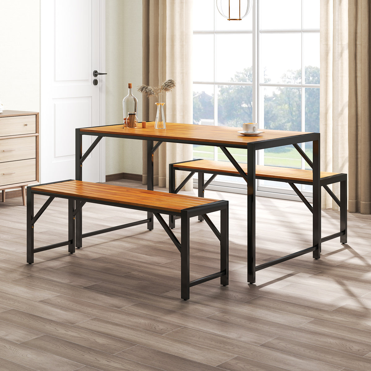 3 Pieces Patio Dining Set with Acacia Wood Dining Table and 2 Benches-Picnic Tables-DECOROLALA