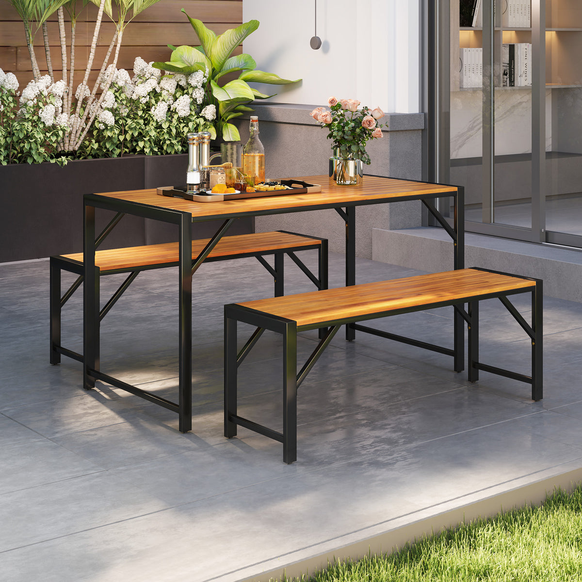 3 Pieces Patio Dining Set with Acacia Wood Dining Table and 2 Benches-Picnic Tables-DECOROLALA