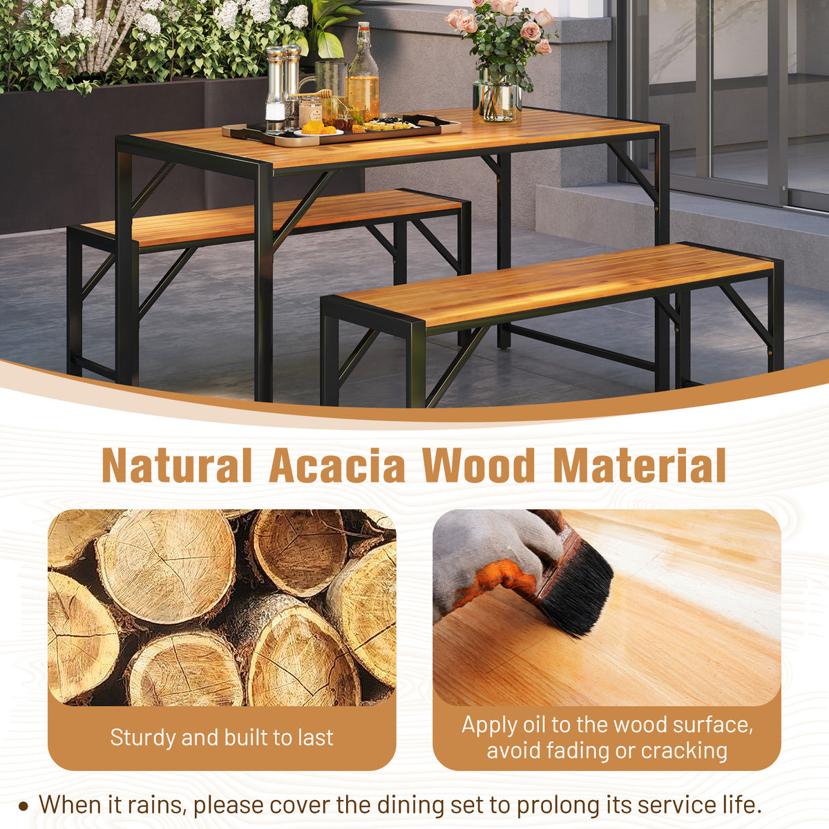3 Pieces Patio Dining Set with Acacia Wood Dining Table and 2 Benches-Picnic Tables-DECOROLALA