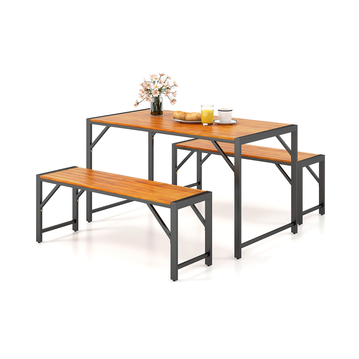 3 Pieces Patio Dining Set with Acacia Wood Dining Table and 2 Benches-Picnic Tables-DECOROLALA