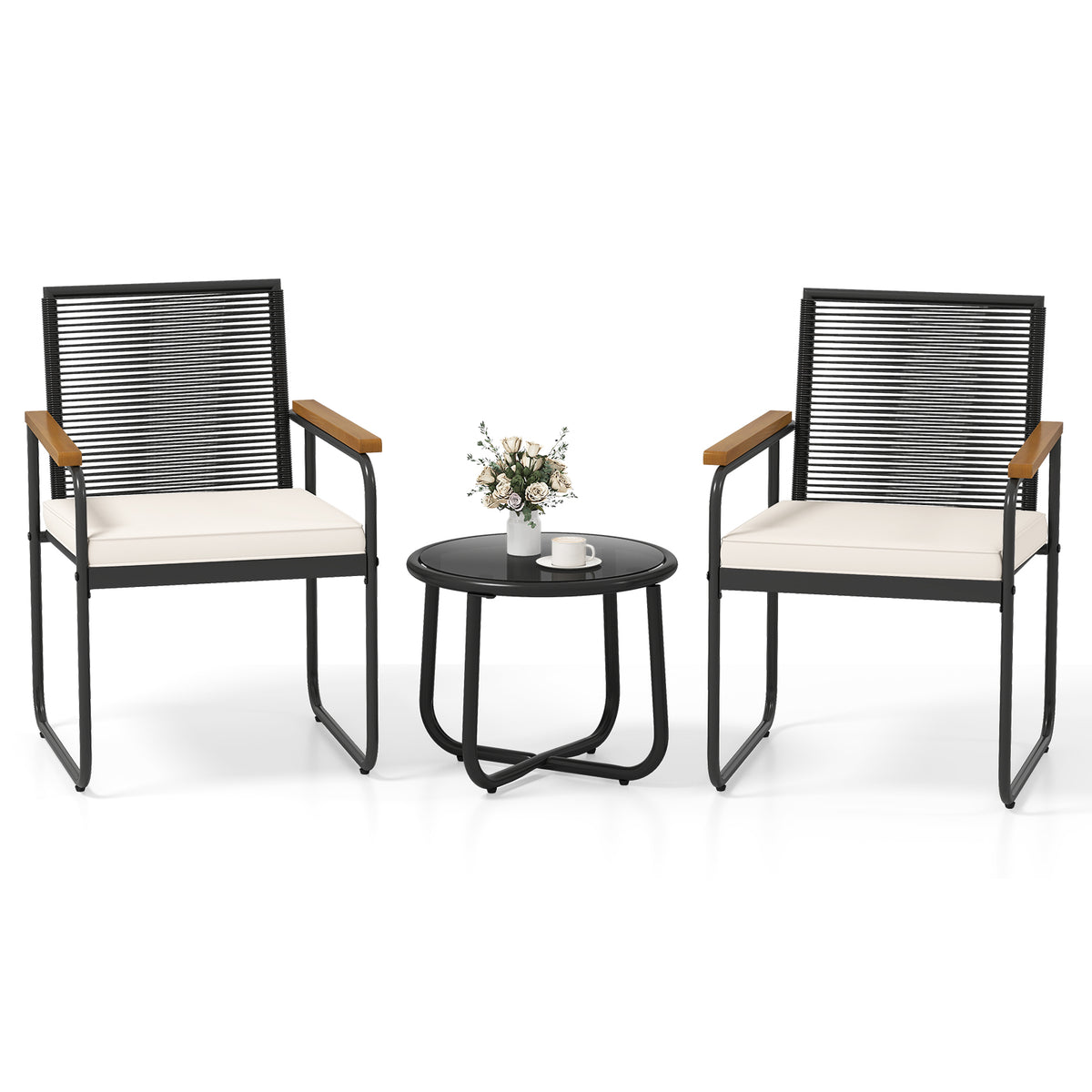 3 Pieces Patio Furniture Set PE Rattan Porch Chairs with Round Tempered Glass Top Table-White-Patio Conversation Sets-DECOROLALA