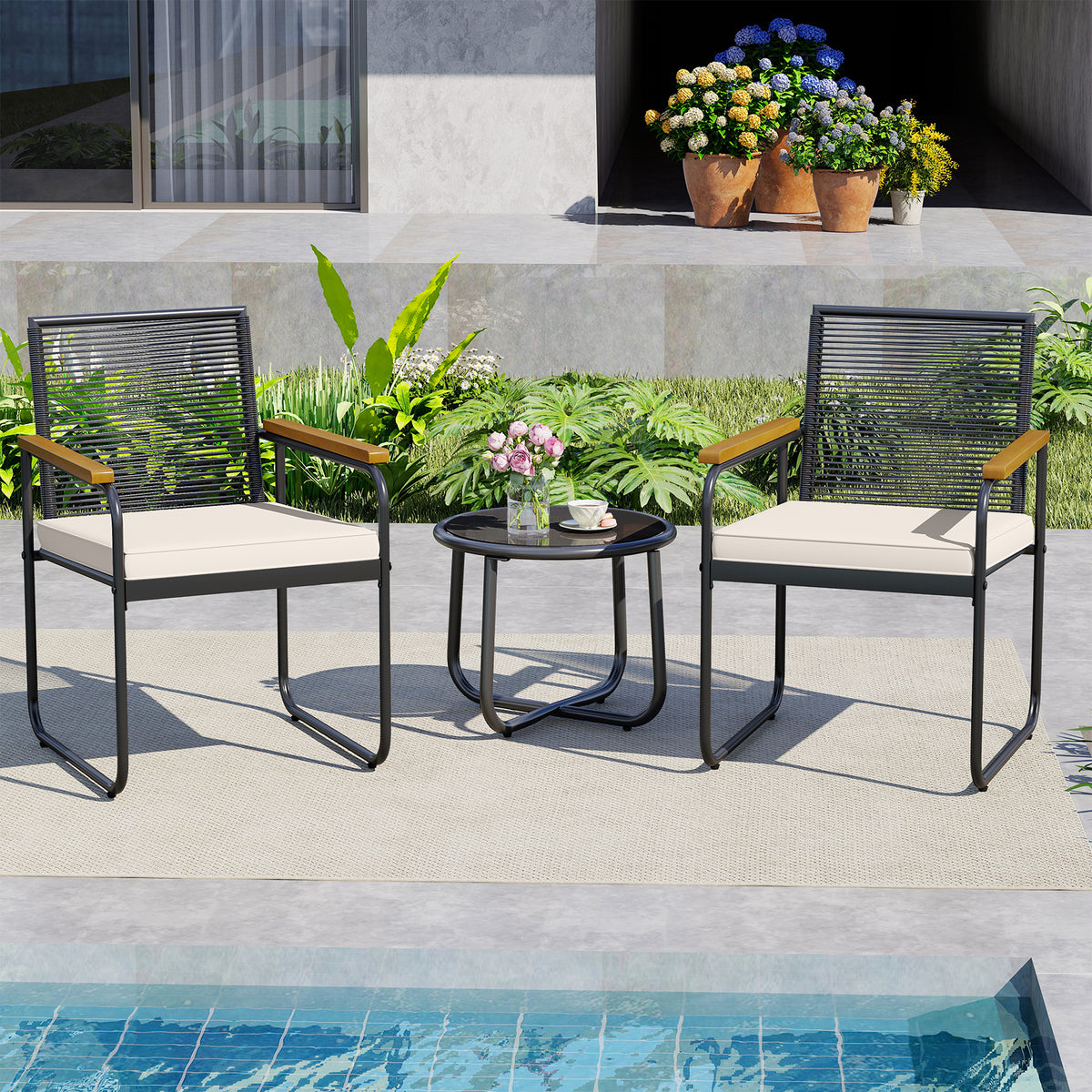 3 Pieces Patio Furniture Set PE Rattan Porch Chairs with Round Tempered Glass Top Table-White-Patio Conversation Sets-DECOROLALA