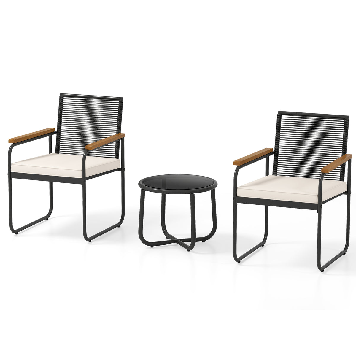 3 Pieces Patio Furniture Set PE Rattan Porch Chairs with Round Tempered Glass Top Table-White-Patio Conversation Sets-DECOROLALA