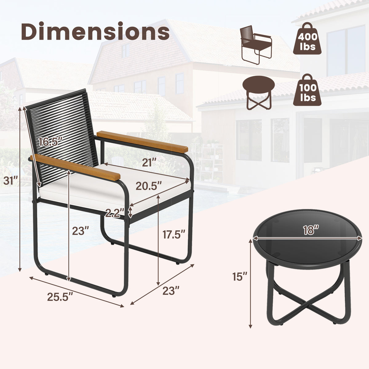 3 Pieces Patio Furniture Set PE Rattan Porch Chairs with Round Tempered Glass Top Table-White-Patio Conversation Sets-DECOROLALA