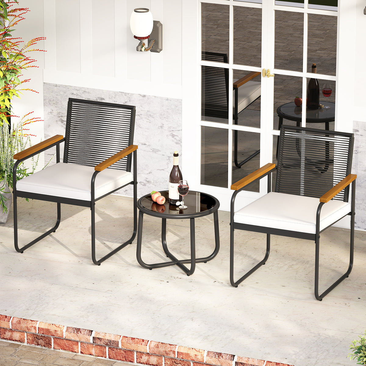 3 Pieces Patio Furniture Set PE Rattan Porch Chairs with Round Tempered Glass Top Table-White-Patio Conversation Sets-DECOROLALA