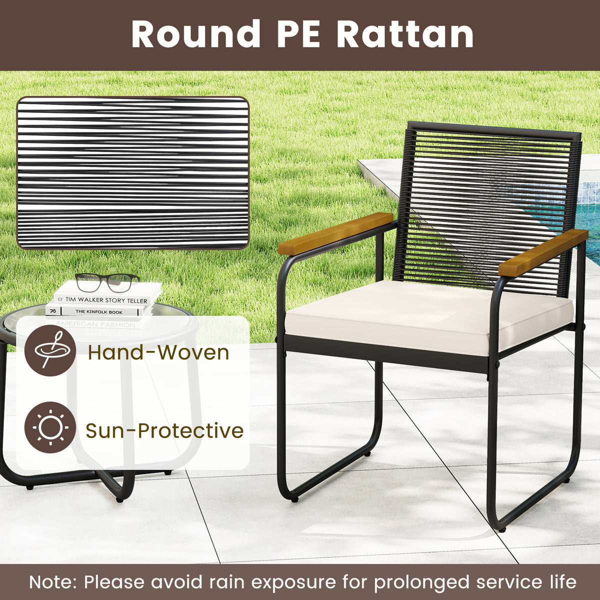 3 Pieces Patio Furniture Set PE Rattan Porch Chairs with Round Tempered Glass Top Table-White-Patio Conversation Sets-DECOROLALA