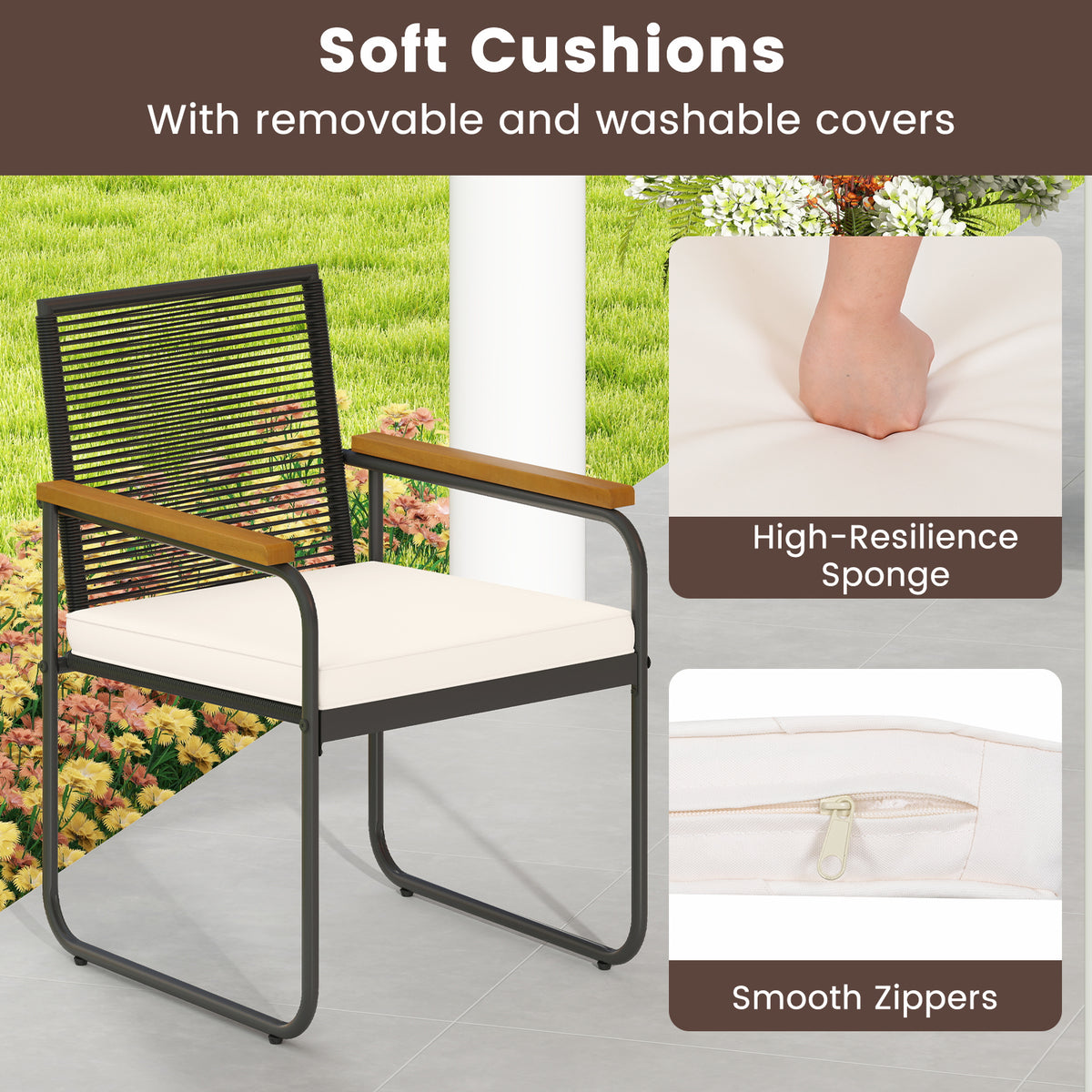 3 Pieces Patio Furniture Set PE Rattan Porch Chairs with Round Tempered Glass Top Table-White-Patio Conversation Sets-DECOROLALA