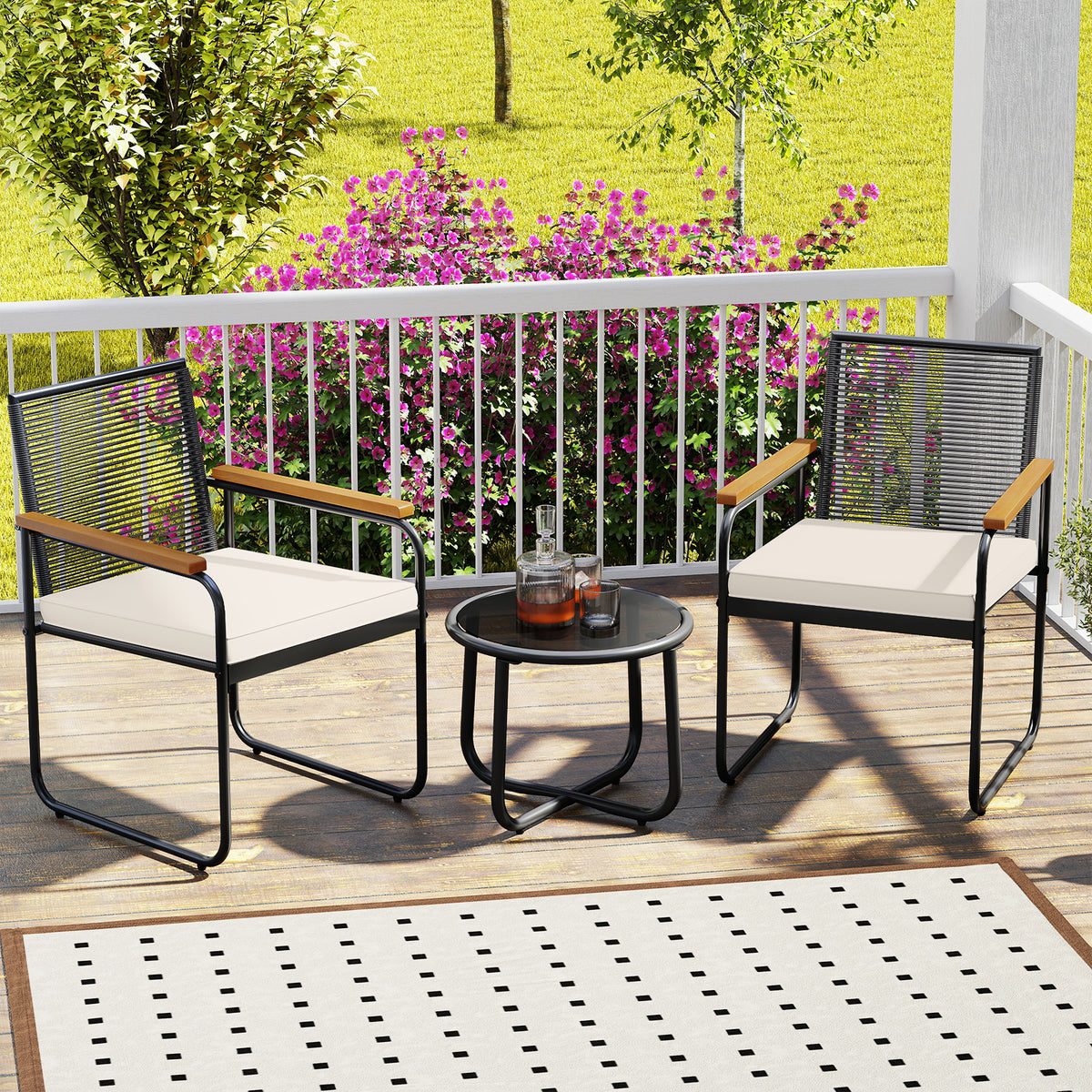 3 Pieces Patio Furniture Set PE Rattan Porch Chairs with Round Tempered Glass Top Table-White-Patio Conversation Sets-DECOROLALA