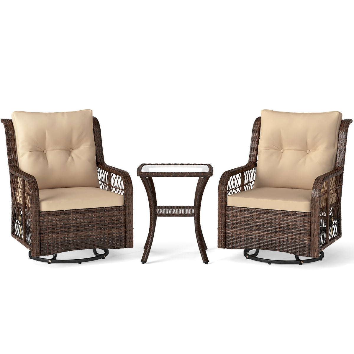3 Pieces Patio Furniture Set PE Wicker Swivel Glider Chairs with 2-Tier Side Table and Cushions-Brown-Patio Conversation Sets-DECOROLALA