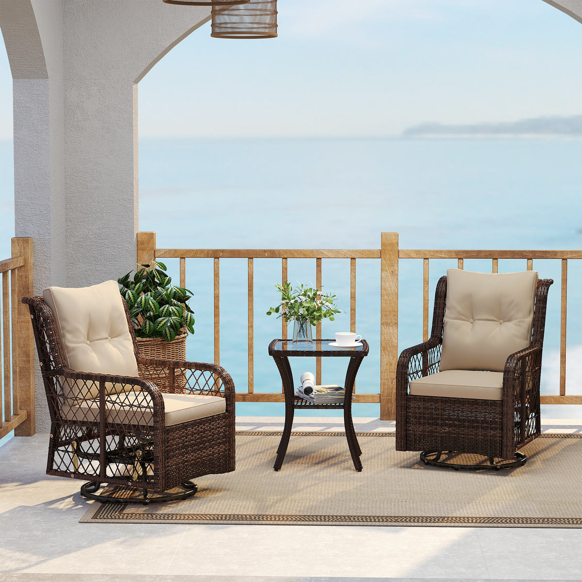3 Pieces Patio Furniture Set PE Wicker Swivel Glider Chairs with 2-Tier Side Table and Cushions-Brown-Patio Conversation Sets-DECOROLALA