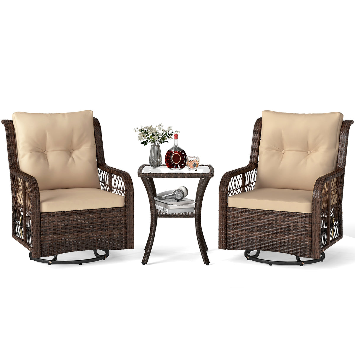 3 Pieces Patio Furniture Set PE Wicker Swivel Glider Chairs with 2-Tier Side Table and Cushions-Brown-Patio Conversation Sets-DECOROLALA