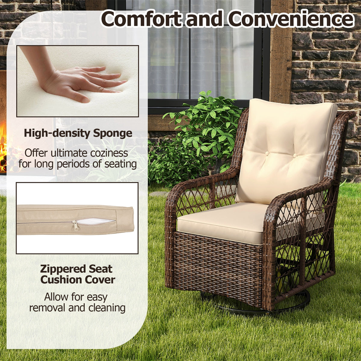 3 Pieces Patio Furniture Set PE Wicker Swivel Glider Chairs with 2-Tier Side Table and Cushions-Brown-Patio Conversation Sets-DECOROLALA