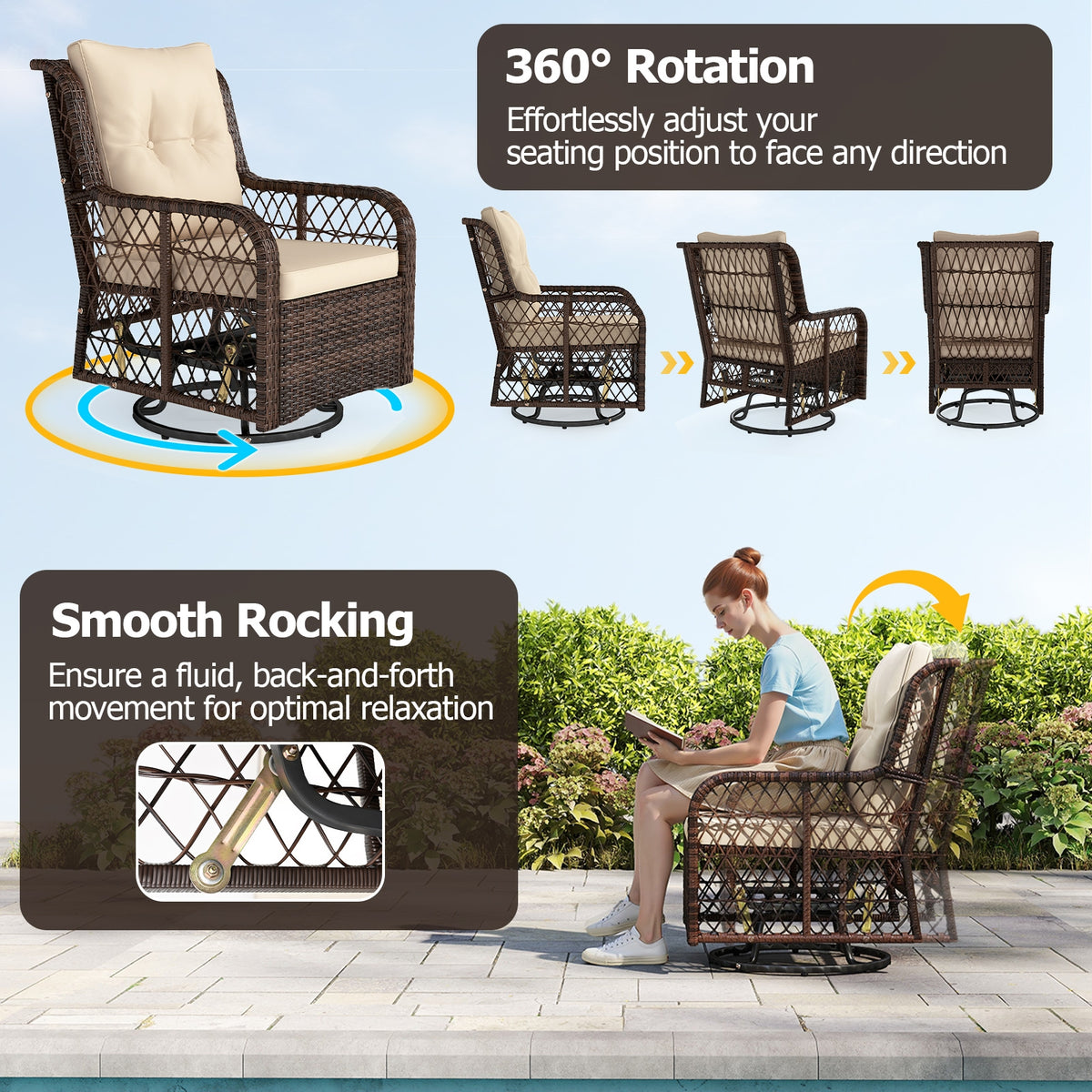 3 Pieces Patio Furniture Set PE Wicker Swivel Glider Chairs with 2-Tier Side Table and Cushions-Brown-Patio Conversation Sets-DECOROLALA