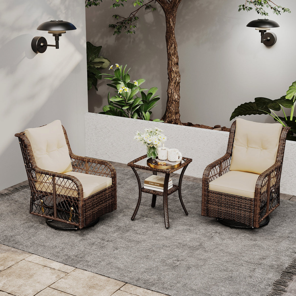 3 Pieces Patio Furniture Set PE Wicker Swivel Glider Chairs with 2-Tier Side Table and Cushions-Brown-Patio Conversation Sets-DECOROLALA