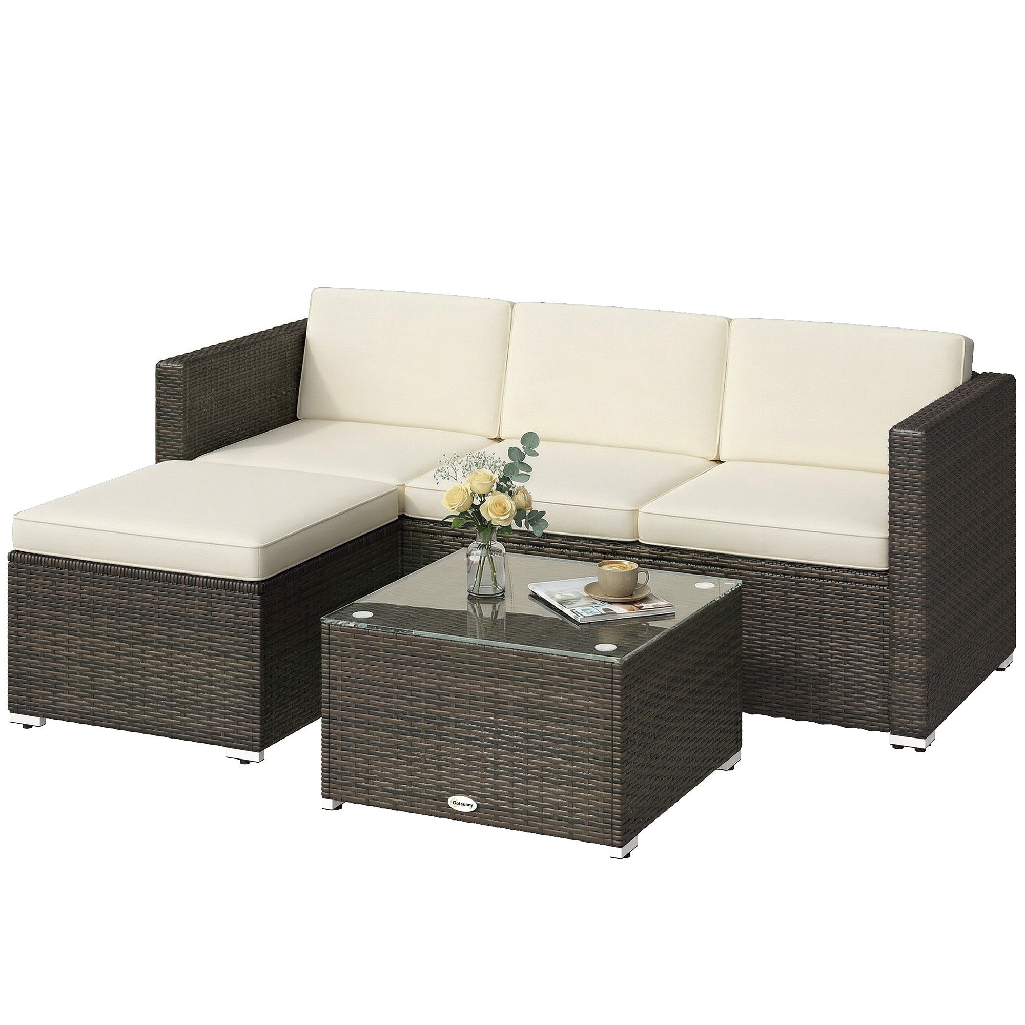 3 Pieces Patio Furniture Set with Cushions, Outdoor PE Rattan Wicker Conversation Corner Sofa Set with Glass Top Table and Adjustable Foot for Garden, Lawn, Cream White-DECOROLALA