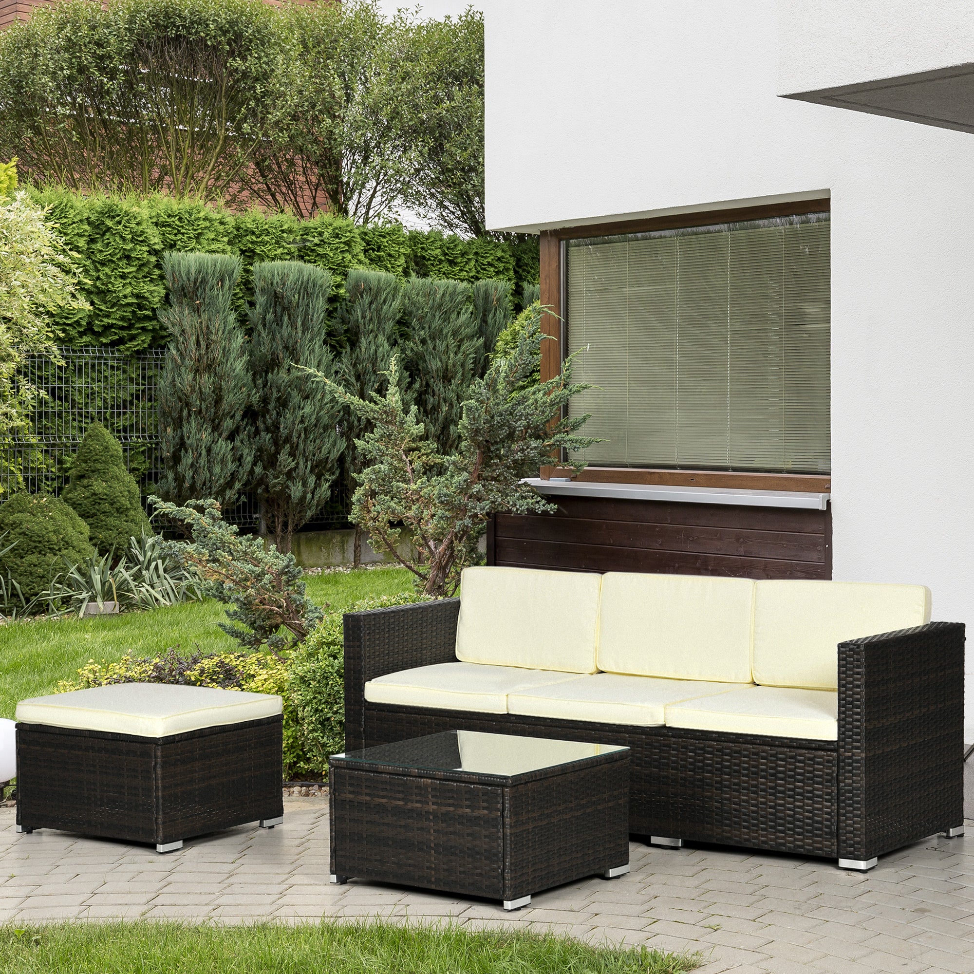 3 Pieces Patio Furniture Set with Cushions, Outdoor PE Rattan Wicker Conversation Corner Sofa Set with Glass Top Table and Adjustable Foot for Garden, Lawn, Cream White-DECOROLALA