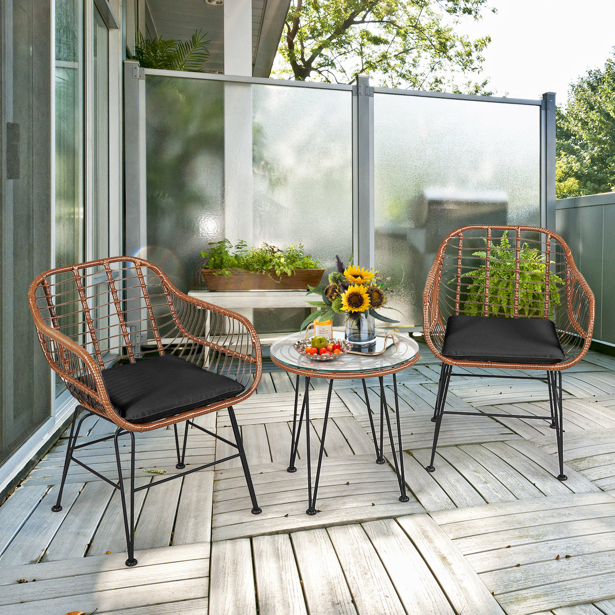 3 Pieces Patio Rattan Bistro Set with Cushion-Black-Patio Furniture Sets-DECOROLALA