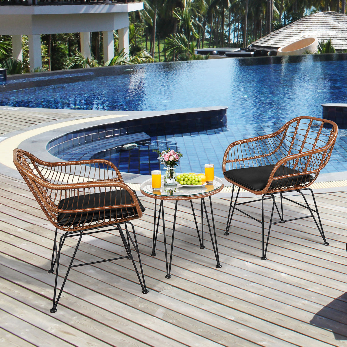 3 Pieces Patio Rattan Bistro Set with Cushion-Black-Patio Furniture Sets-DECOROLALA