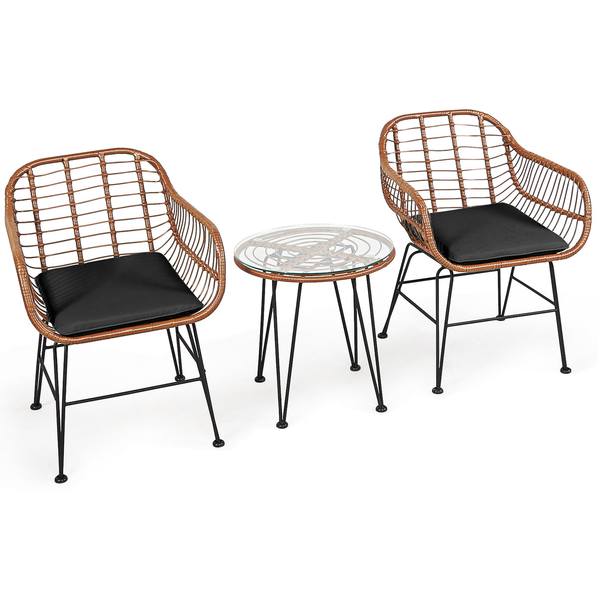 3 Pieces Patio Rattan Bistro Set with Cushion-Black-Patio Furniture Sets-DECOROLALA