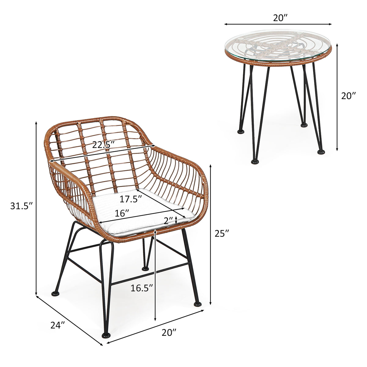 3 Pieces Patio Rattan Bistro Set with Cushion-Black-Patio Furniture Sets-DECOROLALA